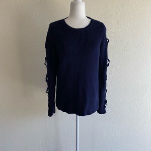 Lauren Navy Cotton sweater w/velvet lace sleeves